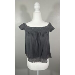 American Eagle Top Women XS Gray Boho Festival Lace Trim Casual Off The Shoulder